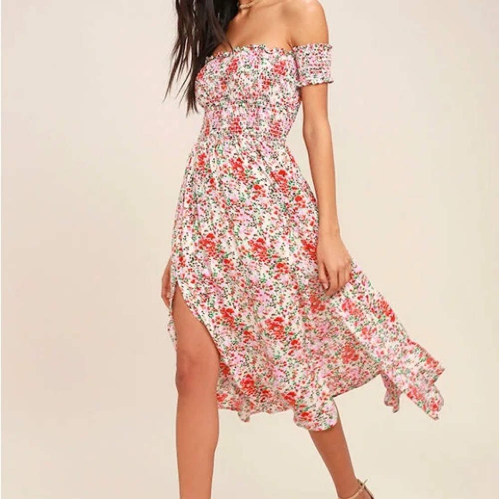 Lulu's Asymmetrical Floral Dress in Red and Pink